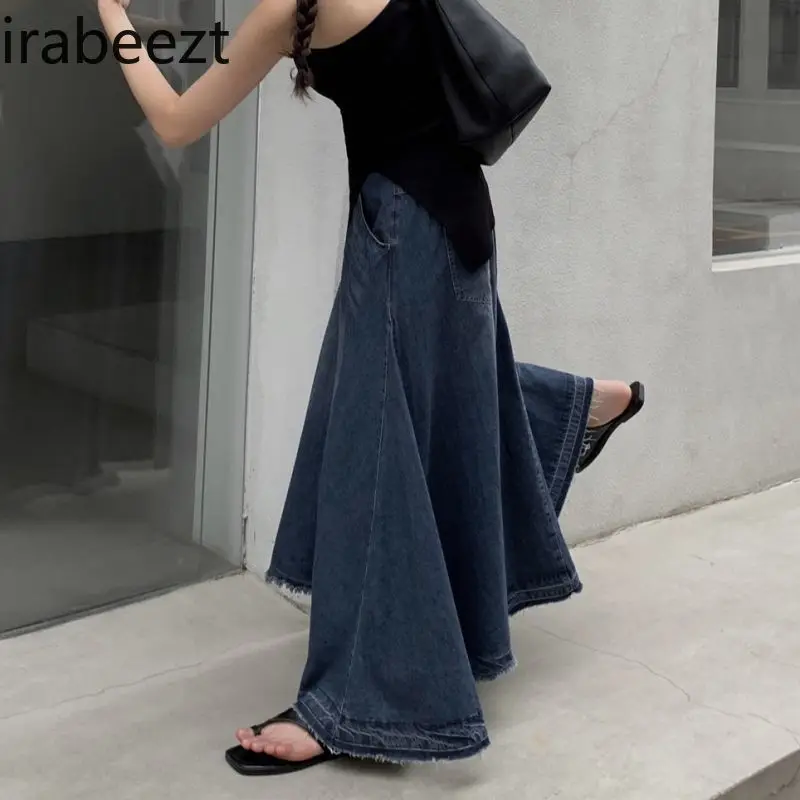 

Fat Girl Large Size Denim Long Dress Mid-length Summer Slim Vertical A-line Umbrella Skirt High Waist Summer Goth Clothes