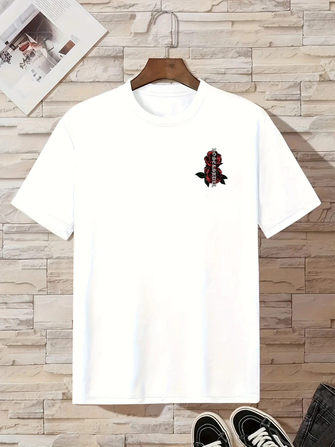 Skull Rose Pattern Letter Double-Sided Print Pattern Print Short-Sleeved T-Shirt Summer Round Neck Short-Sleeved Top