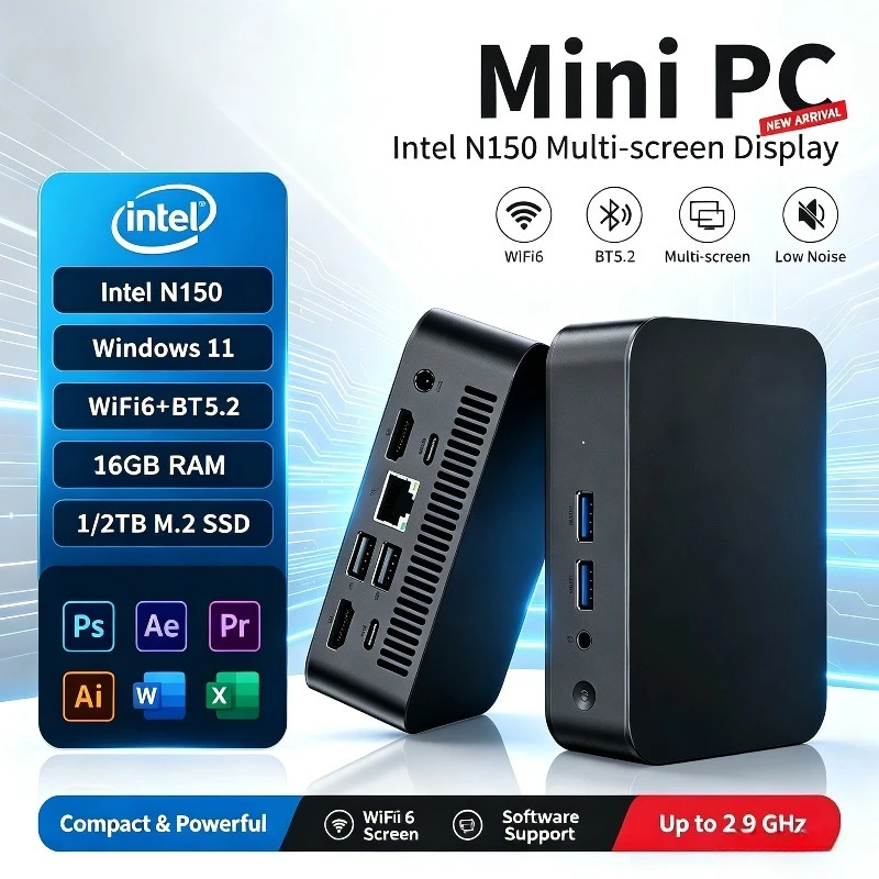 【3 Year Warranty】New Mini PC Intel N150 UHD Graphics 16GB RAM 1TB 2TB SSD M.2 SSD WiFi6 BT5.2 Desktop PC Office