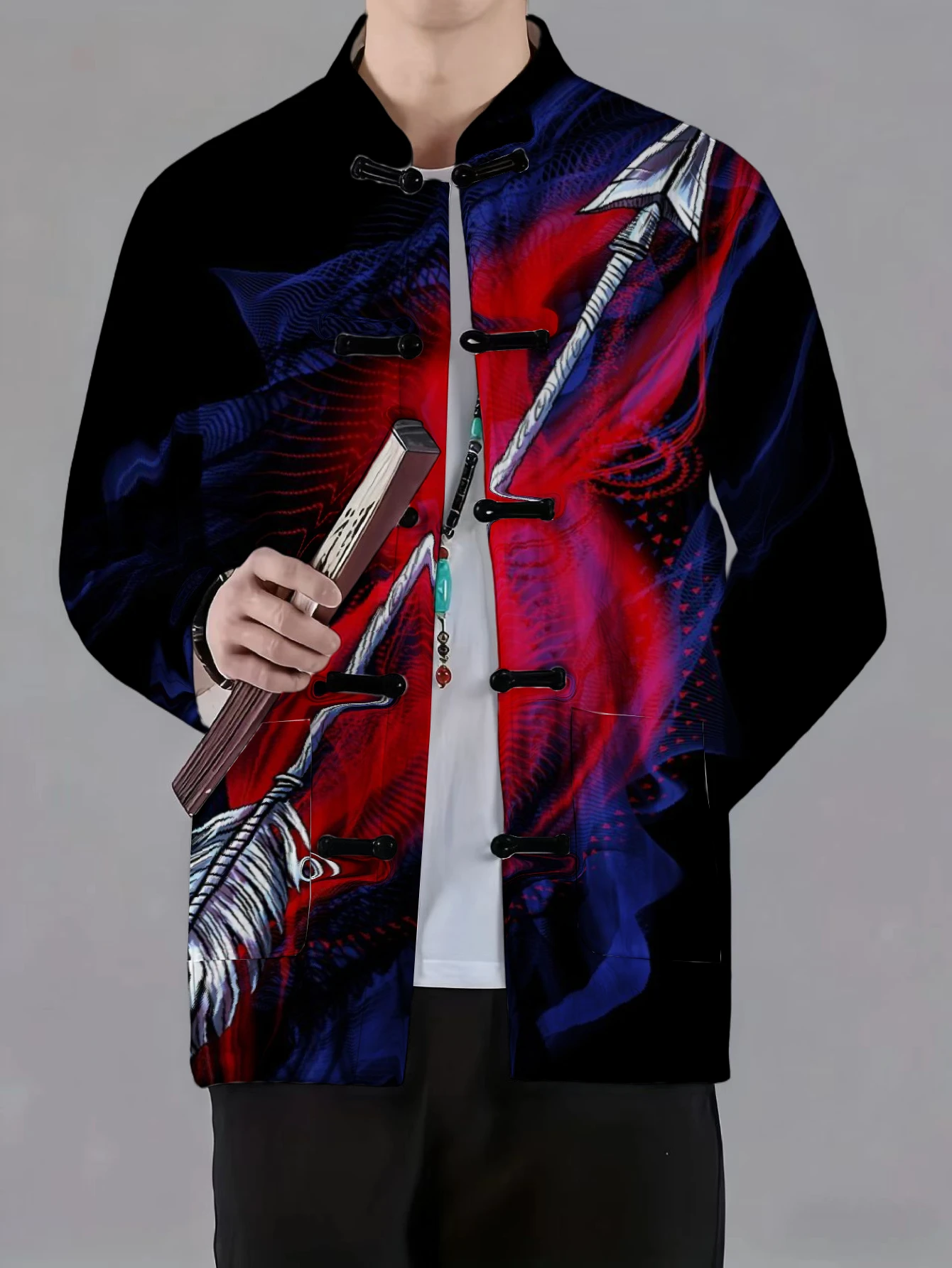 Men Mandarin Collar Frog Button Jacket Musical Note Spear Turtle Heart Art Print Traditional Outerwear