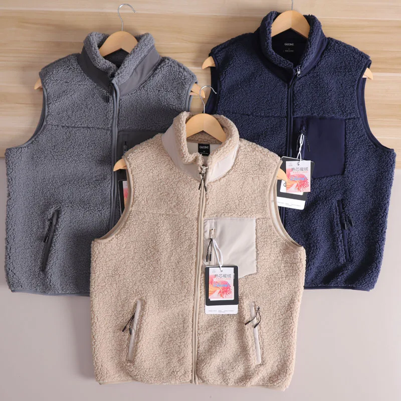 

Men's Thiened Fce Vest Autumn Winter Zipper Closure Layering Fake eepskin Lamb Fur Stand Collar Faion Urban Sle