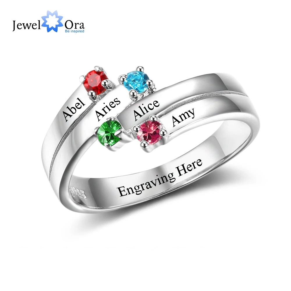 

Anniversary Family Ring Engrave Names Custom 4 Birthstone Ring 925 Sterling Silver Commemoration Gift (JewelOra RI102507)