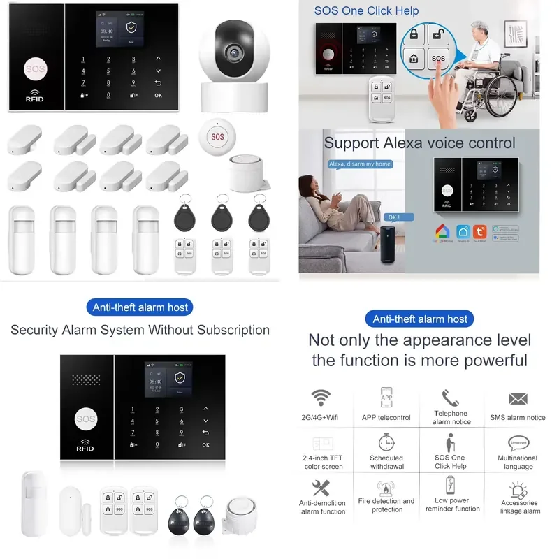 Alexa Smart Life Home Alarm System Kit 4G WiFi PIR Motion Sensor ABS Material App Remote Control SOS Function 10m Easy