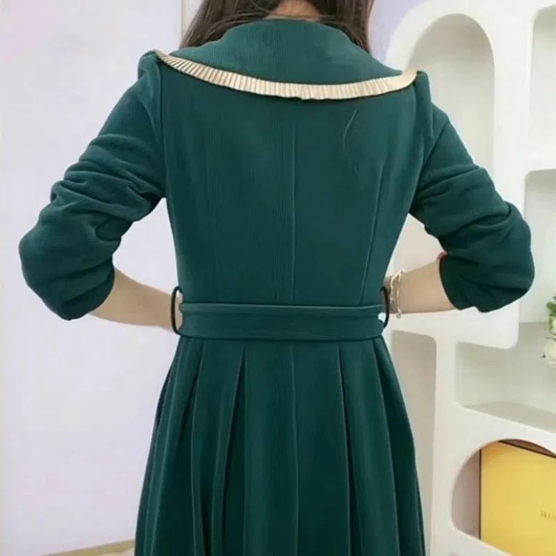 2023 Autumn Winter Women\'s Dress Fashion New Thickened Corduroy Doll Collar Long Sleeve Slim Button Dresses With Belt