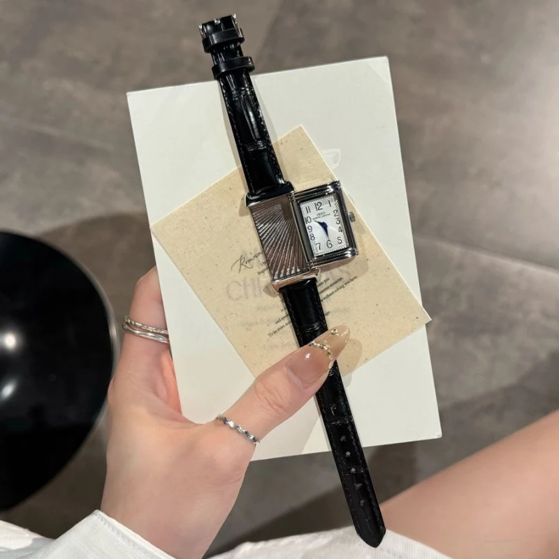 New retro square women's quartz watch with reversible case and leather strap silver watch unique niche watch 21*36mm