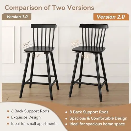 Upgraded Windsor Wooden Black Bar Stools Set of 4, 24 Inch Counter Height Barstools with Spindle Back/Bigger Seat for - view 5