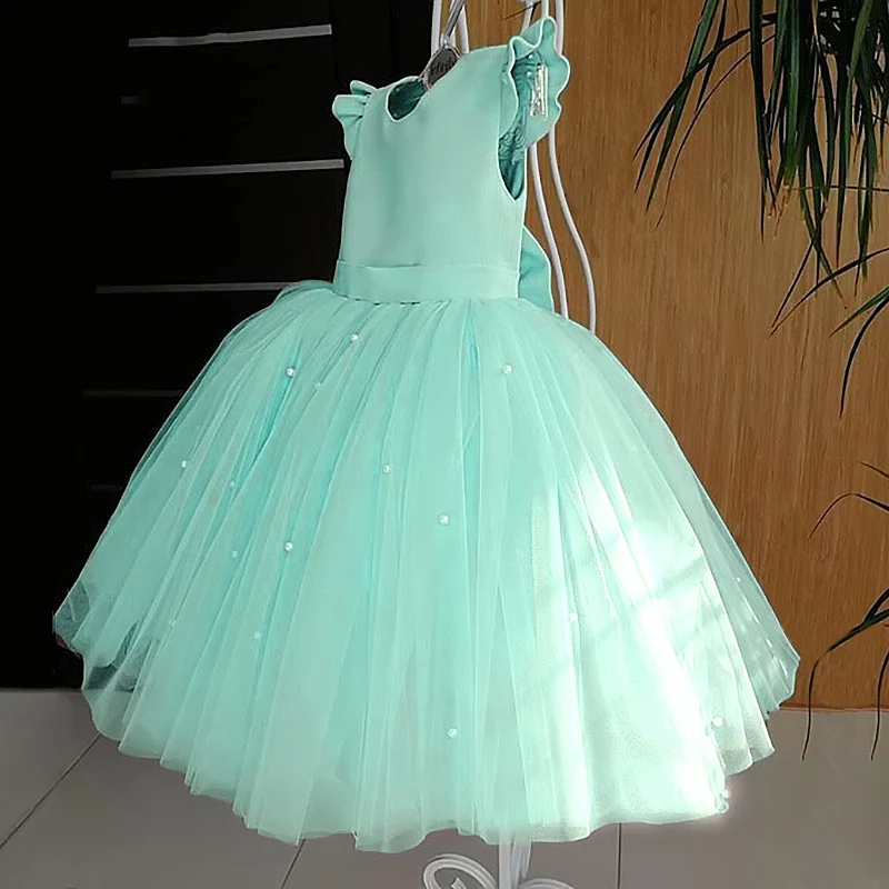 Toddler Girls Flower Birthday Tulle Dress Backless Bow Wedding Party Gala Gown Blue Princess Dress Baby Girls Bowknot Dress 1-5Y