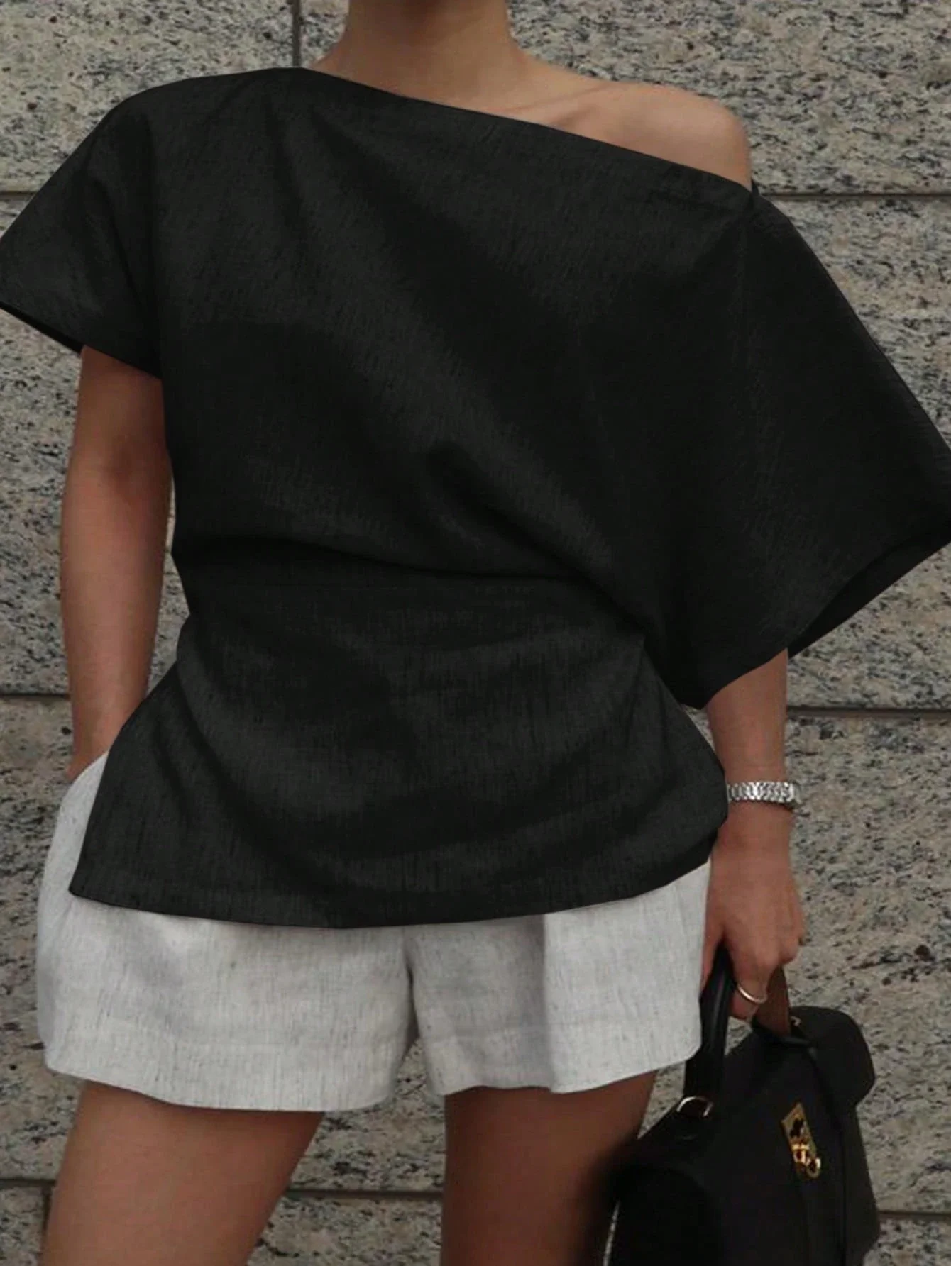 

Off Shoulder Solid Color Cinched Waist Pullover Blouse For Women