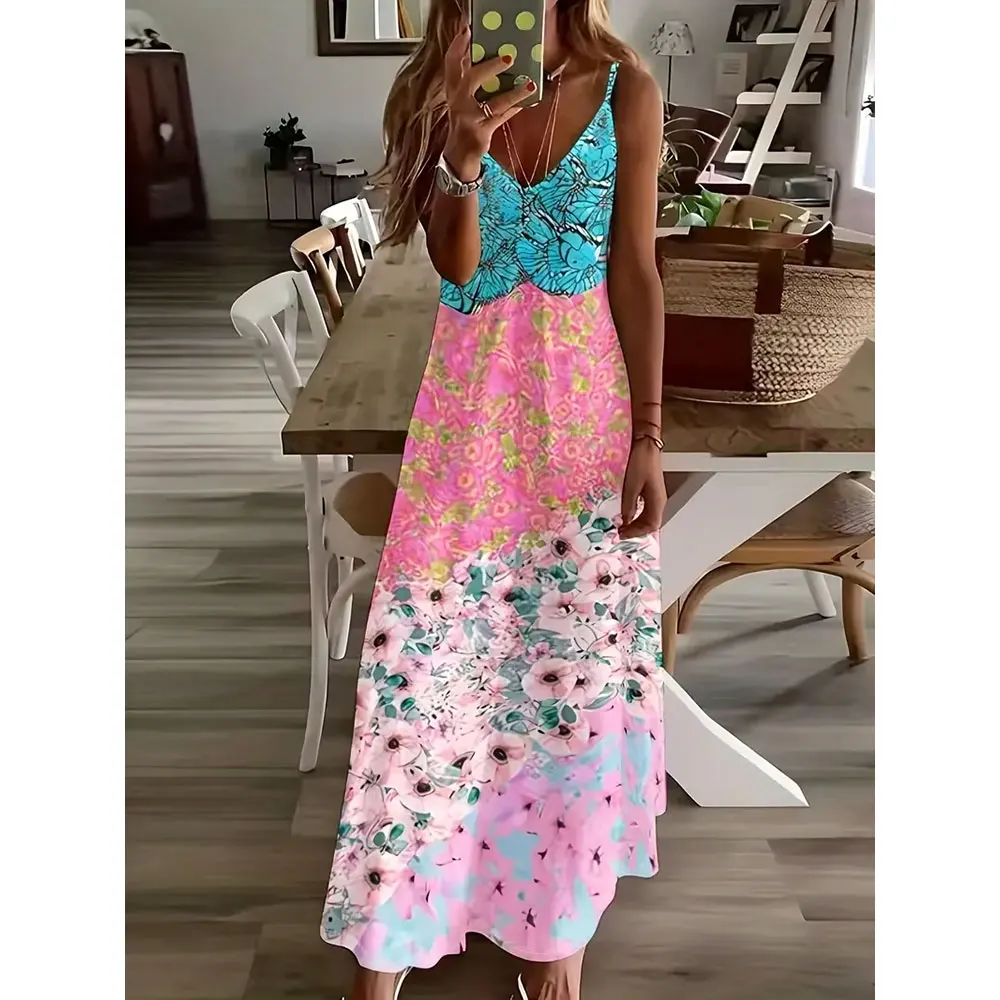 

Summer Fashion 3d Floral Printed Maxi Dress V-Neck Extra Long Dresses Versatile Sleeveless Evening Dress 2024 Beach Resort Style