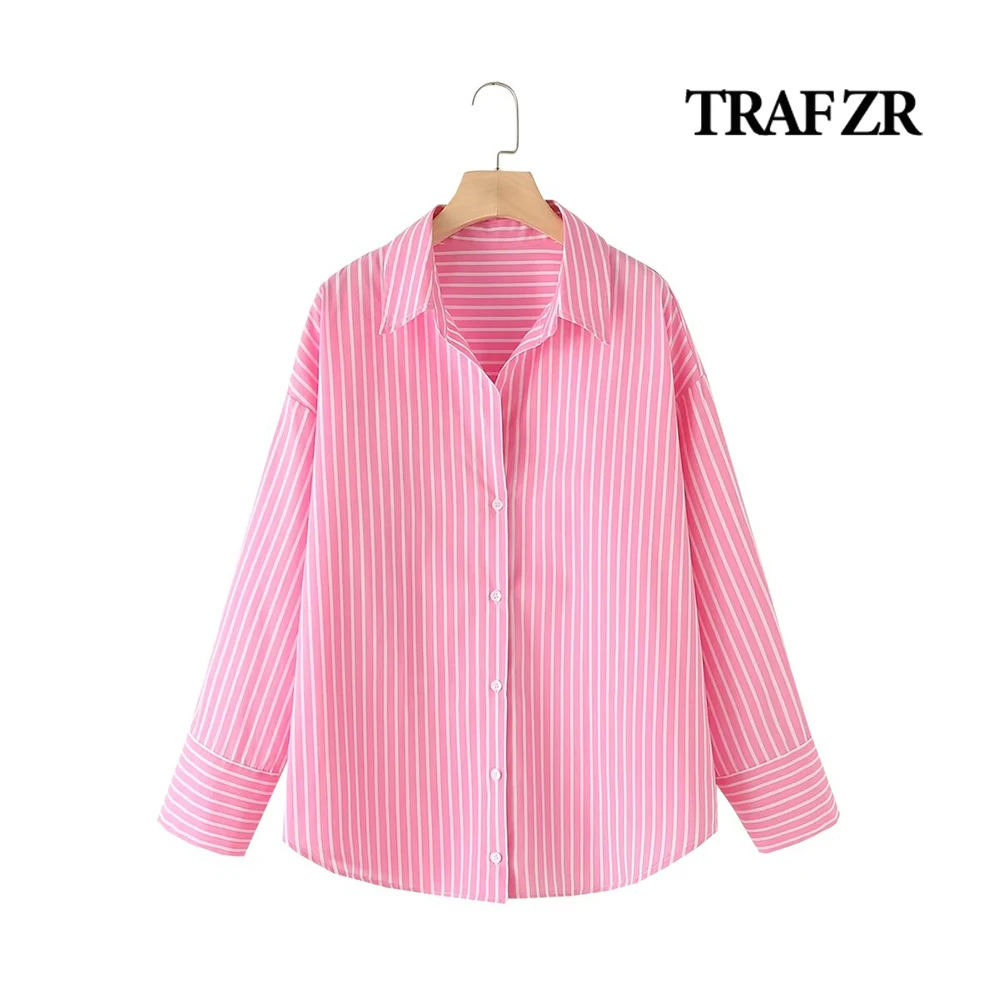 Traf Zr Lange Mouw Top Y 2K Vrouwen Shirt V-Hals Revers Comfy Cardigan Voor Dames Klassiek Gestreepte Blouses Casual Back Pleate Shirts