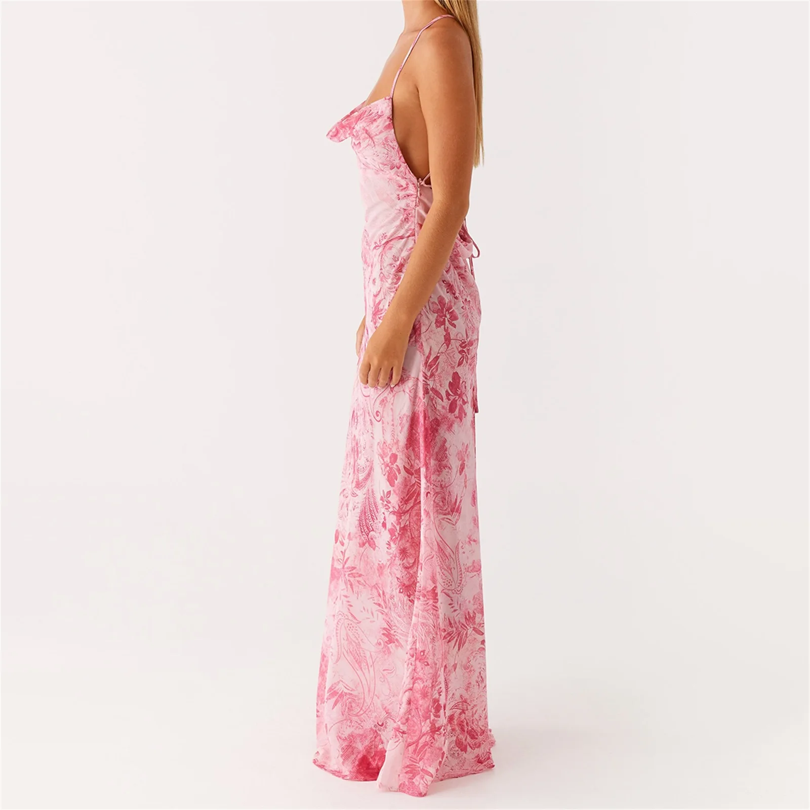 ผู้หญิงฤดูร้อน Beachwear ดอกไม้ Tie-DYE พิมพ์ Slim Cowl คอสปาเก็ตตี้สายเปิดกลับผูก A-Line ยาว Cami SLIP DRESS