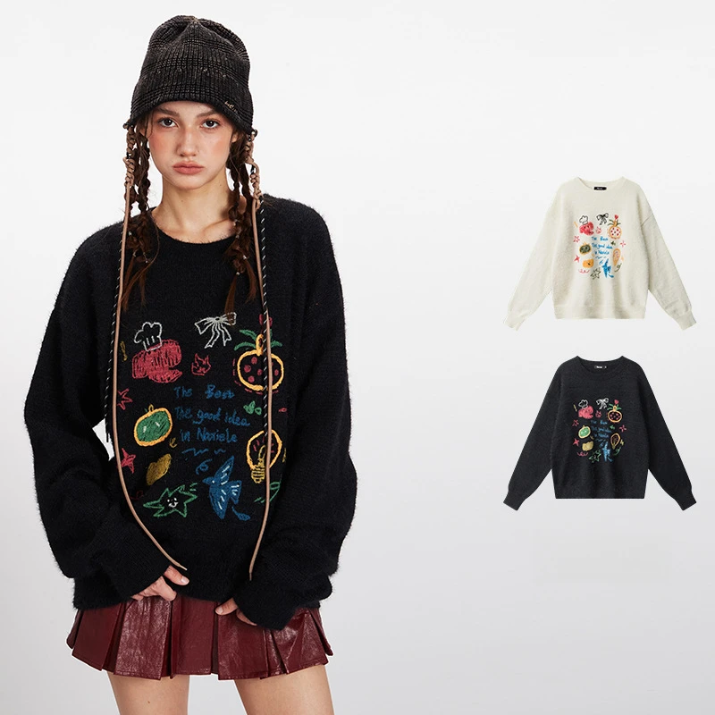 

New Style Round Neck Pullover Graffiti Soft Sweater for Women Autumn Winter Loose Lazy College Style Long Sleeve Knitted Top