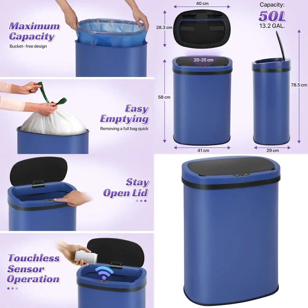

13 Gallon 50L Touchless Motion Sensor Stainless Steel Kitchen Trash Can, Deep Blue, Anti-Fingerprint Design