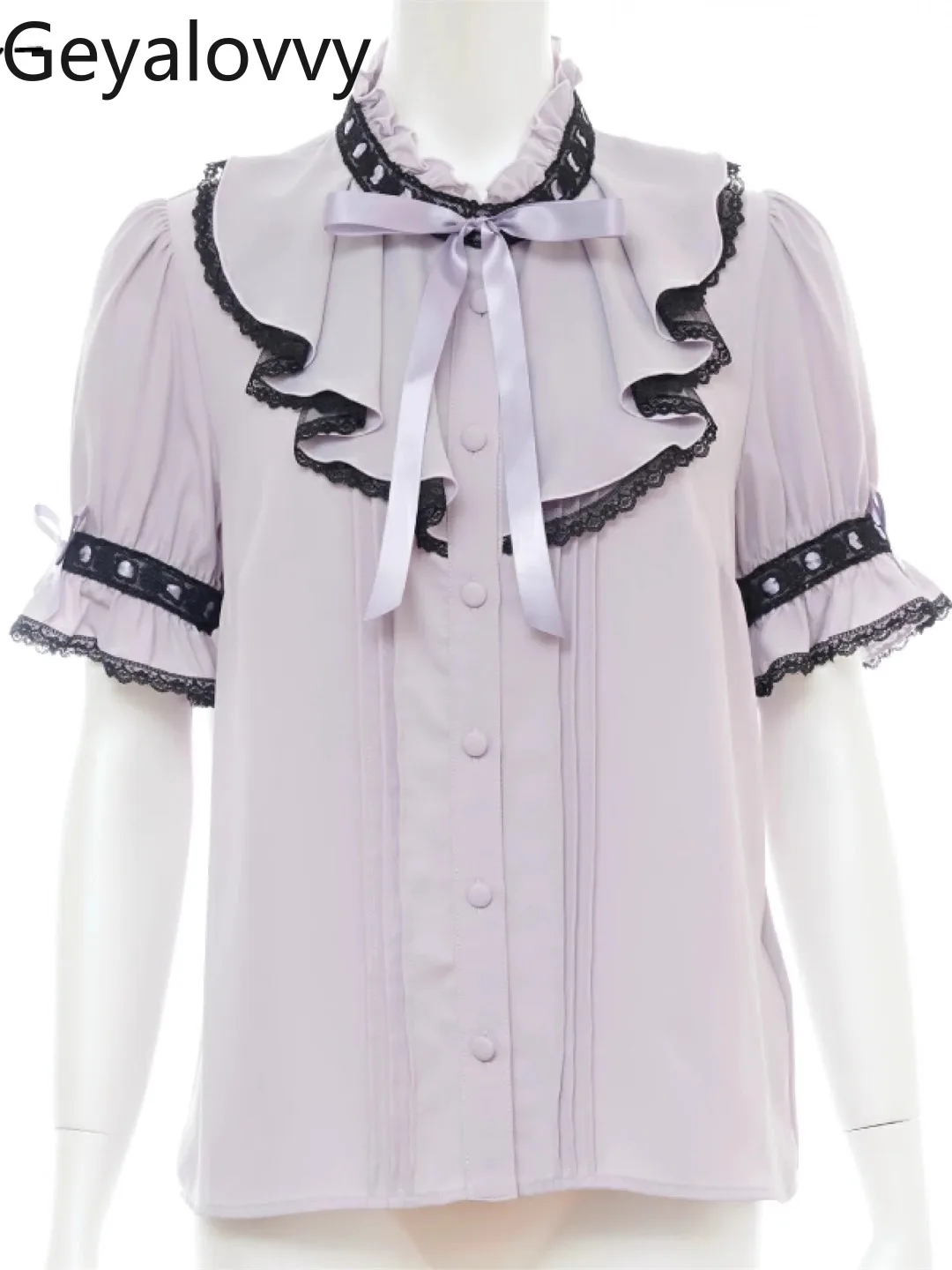 

Japanese Style Pure Original New Lolita Sweet Girls Color-Block Ruffle Shirt Versatile Ribbon Bow Lace Short Sleeve Tops