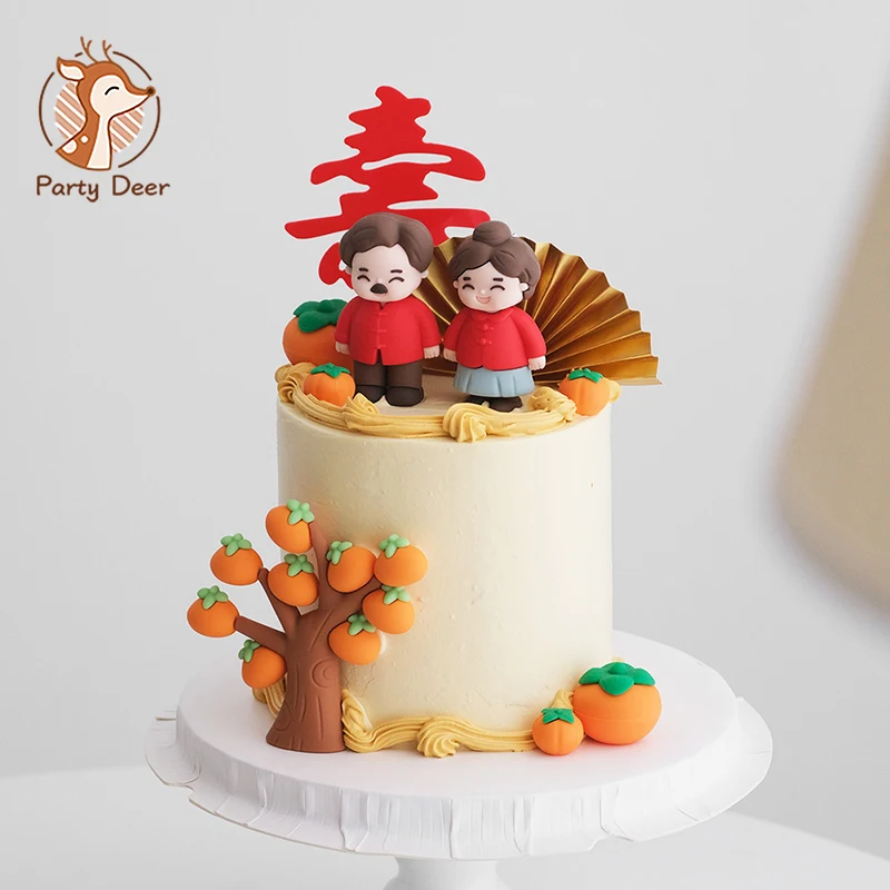 Grandpa Grandma Old Man Happy Birthday Party Doll Ornament Gifts Cake Topper Red Fan Chinese-style Blessing Door Baking Supplies