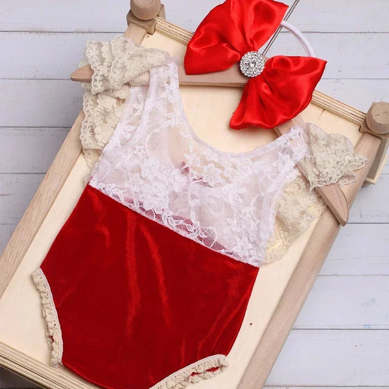 

Lace Romper with Matching Ribbon Bow Headband Newborn Photography Props Baby Girl Photography Outfits Red Rhinestone Hairband