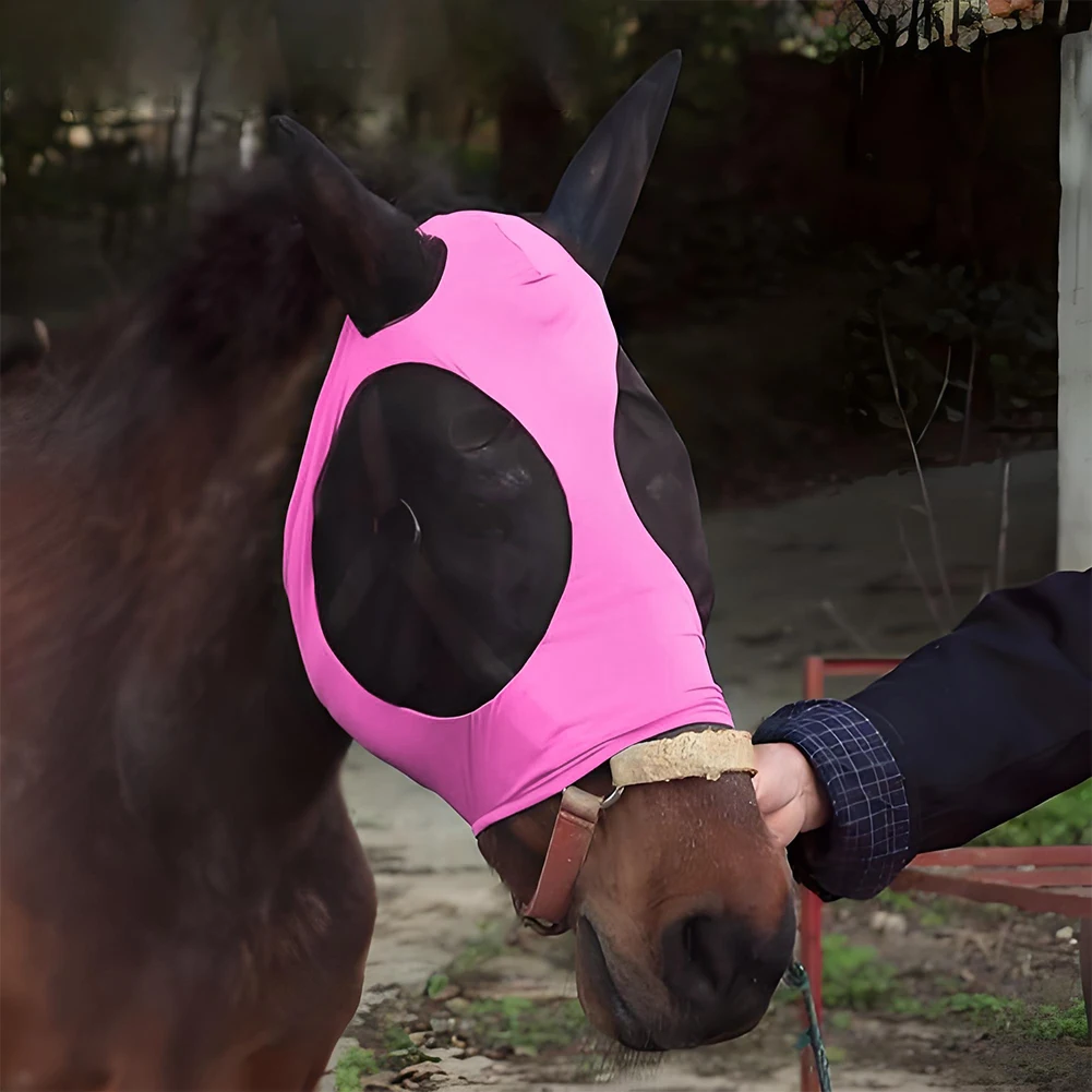 Máscara de malla de punto elástica antimoscas, protección para los oídos, cubierta para las orejas de caballo, máscara para moscas, capó, equipo ecuestre para montar a caballo