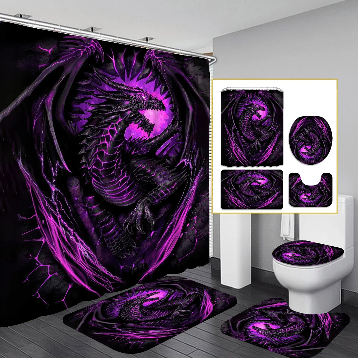 1/4 Piece Shower Curtain Set, Waterproof Bathroom Partition Curtain with Hooks, Anti-Slip Bath Rug, U Shape Mat, Toilet Seat Cov