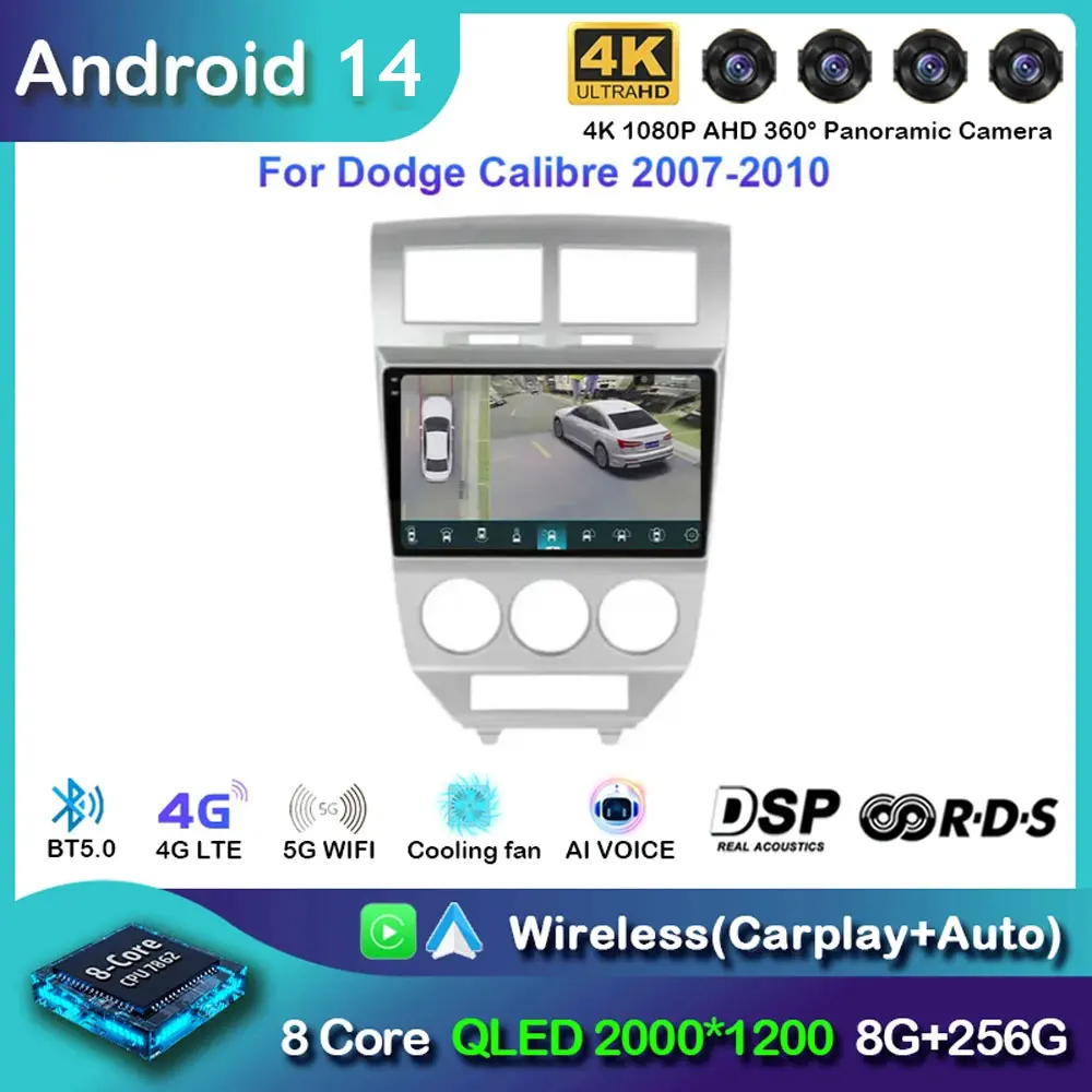 

For Dodge Calibre 2007 - 2010 Android 14 Auto 5G Wifi 2 DIN Car radio multimedia video player Carplay Dvd Autoradio DSP GPS Navi