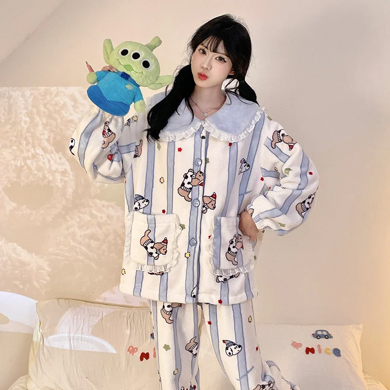 

Pajama Cartoon Sets Women Fleece Lined Loungewear Female Winter Christmas Theme Zip Front Long Sleeve Full Length Furry Thick OL