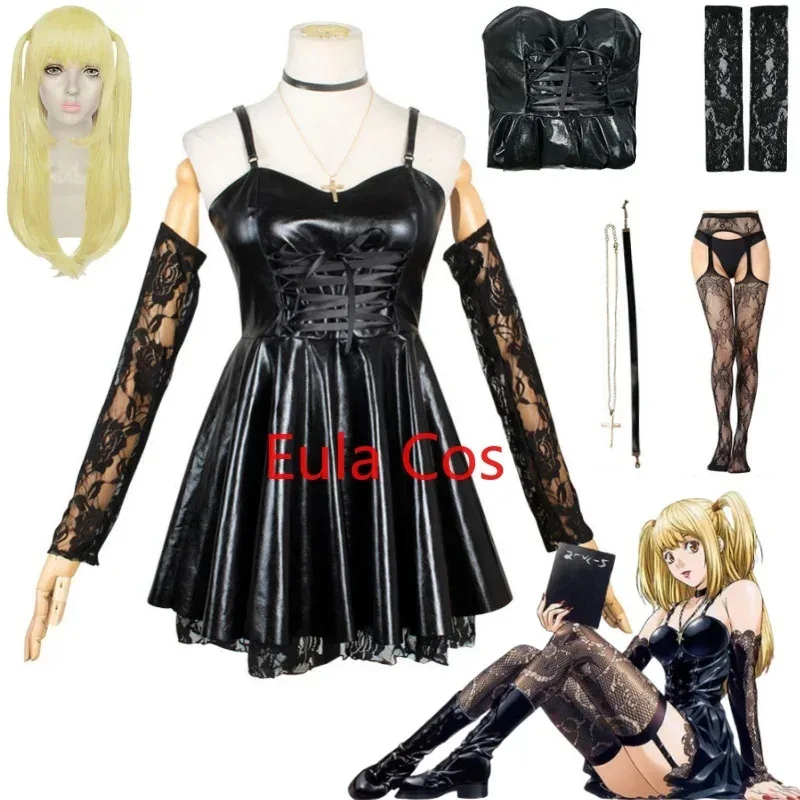 Death Note Косплей Костюм Миса Амане Косплей Полный комплект одежды Кожаное сексуальное платье Кружевные носки на подтяжках Ожерелье Парик Хэллоуин