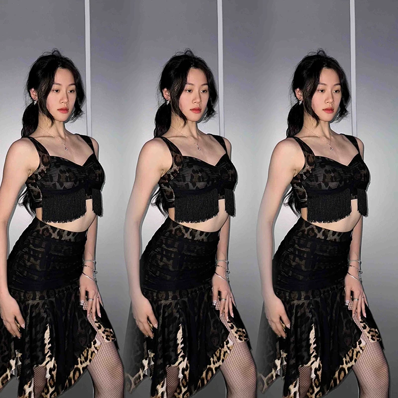 

2025 New Latin Dance Competition Clothing For Women Tassel Camisole Top Leopard Split Skirts Practice Suit Latin Dress DQS18930
