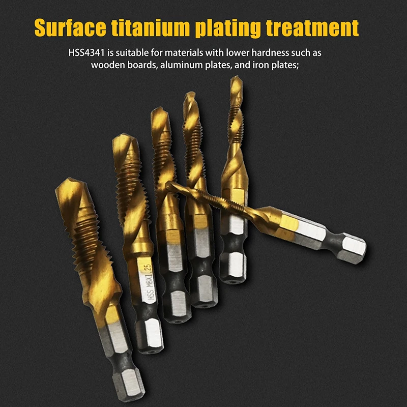 6 Stück Schnellarbeitsstahl M3-M10 Titanbeschichteter Verbundgewindebohrer Sechskantbohrer und Gewindebohrer Integrierte Gewindebohrermaschine mit Lochfasenwerkzeug