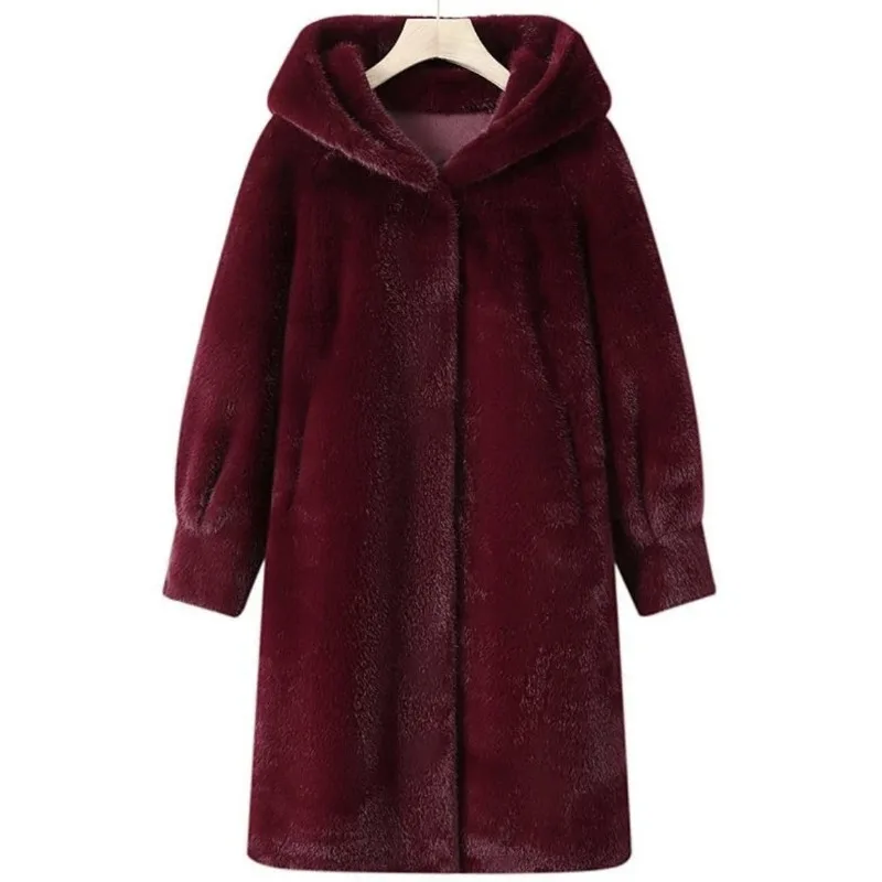 Abrigo de piel largo y grueso con capucha y forro de piel para mujer, abrigo de piel de Año Nuevo rojo Ankor para mujer, abrigo de piel de nuevo estilo para mujer