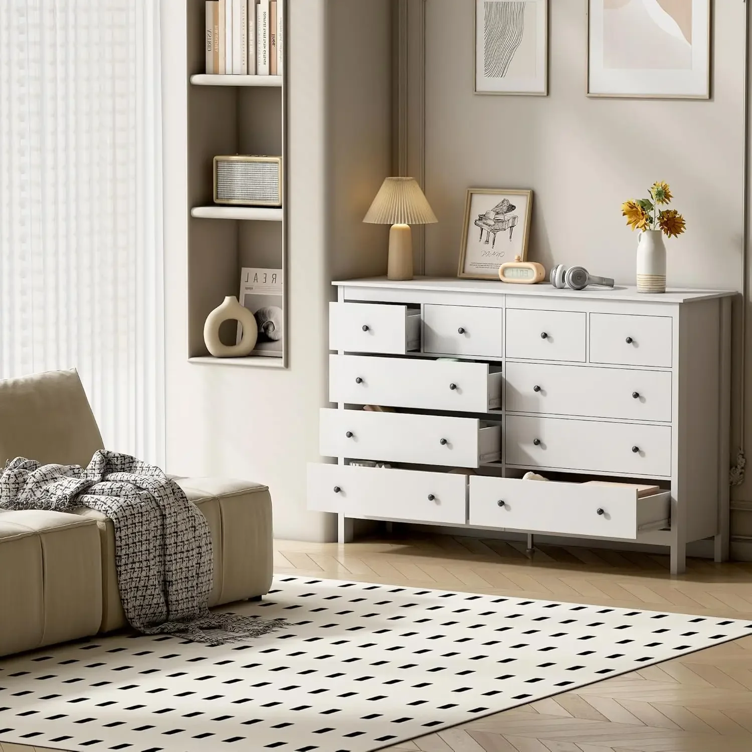 Wanan Cómoda de 10 cajones, cómoda y cómoda blanca moderna de 55", cómoda de 10 cajones anchos para dormitorio