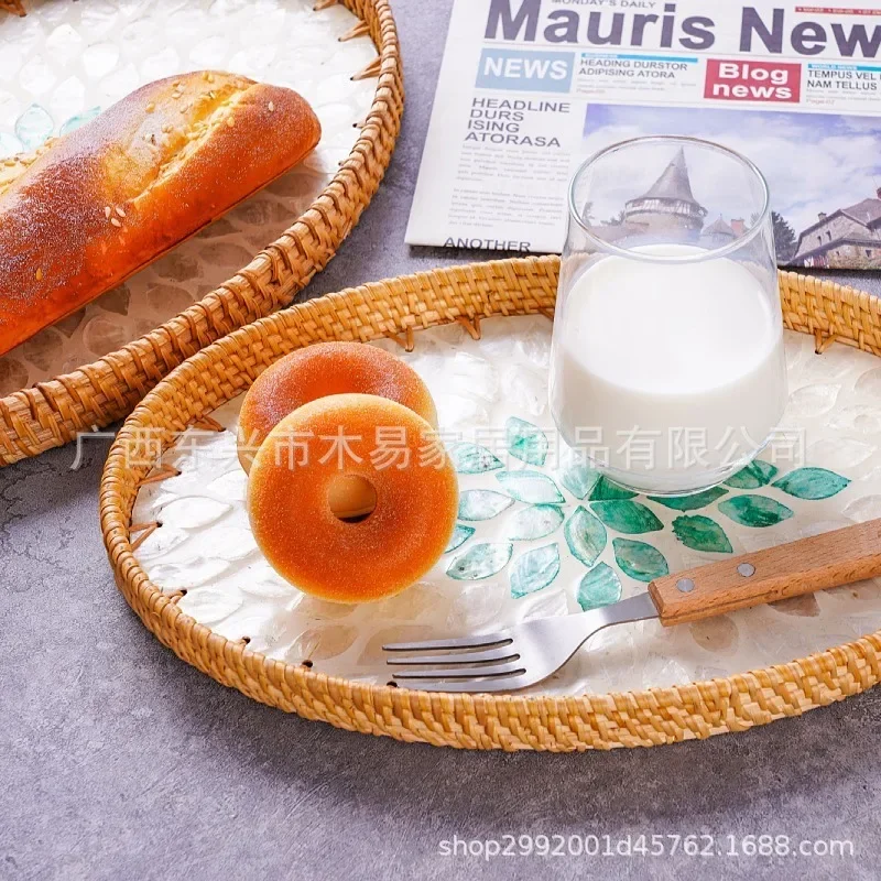 Creative Colorful Shell Rattan Woven Tray Household Oval Living Room Coffee Table Storage Basket Bread Dim Sum Fruit Plate