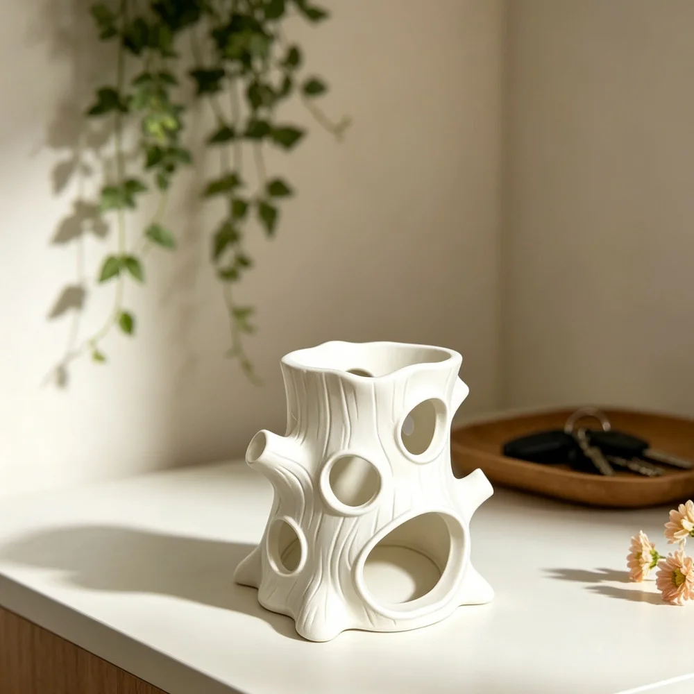 3D Printed White Tree Stump Organizer Figurine Minimalist Multi Hole Storage Holder Miniature Sculpture For Desk Shelf
