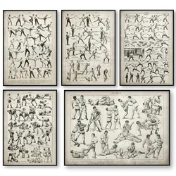 Jiu Jitsu Poster Boxing Wrestling Fencing Fighting Technique Chart Vintage Print Canvas Painting Sword Sabre Cane Stick Baton