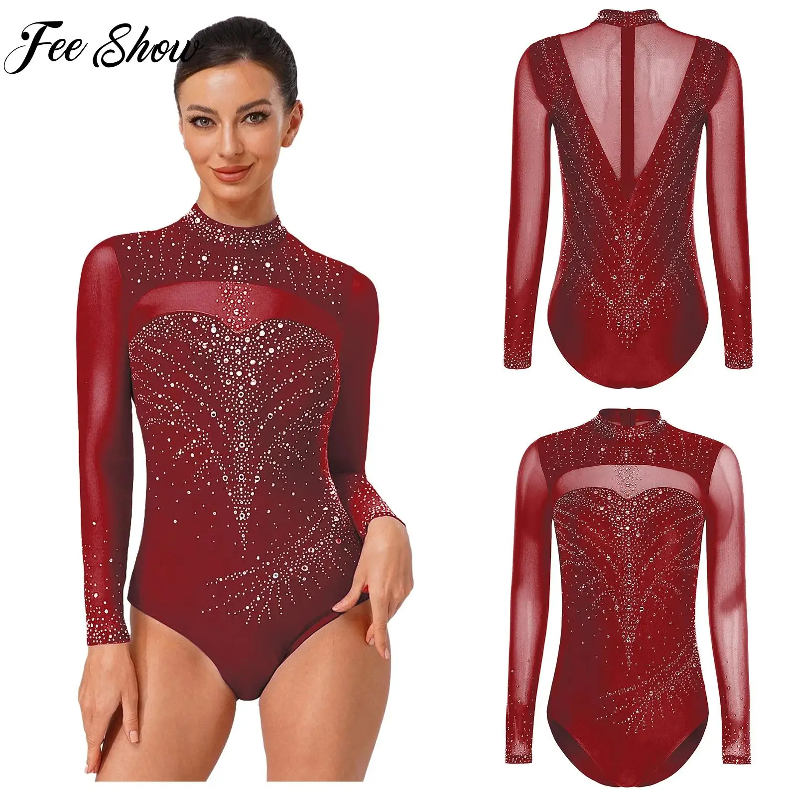 

Womens Adult Figure Ice Skating Bodysuit Ballet Gymnastics Latin Dance Cha-Cha Performance Dancewear Sparkly Rhinestone Leotard