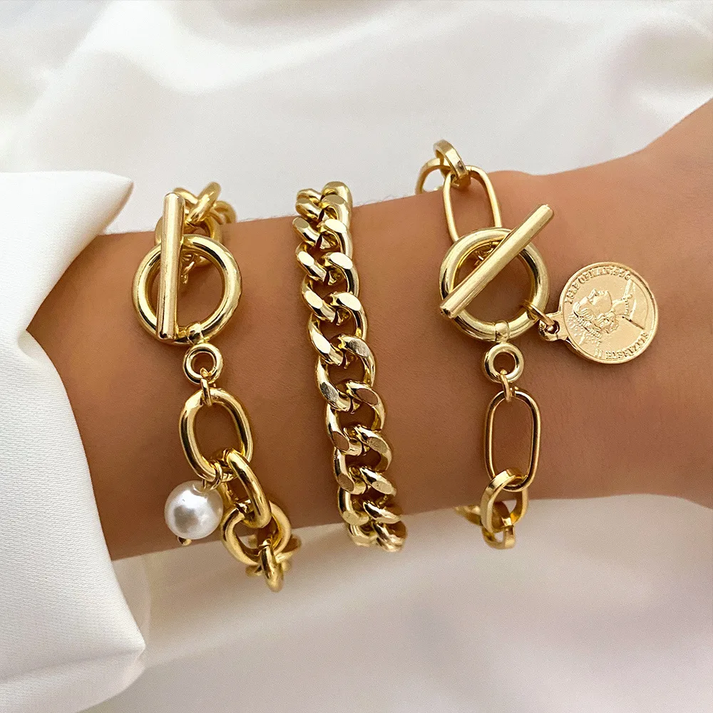 Punk Metal Lady Fashion Thick Chain Link Bracelets Bangles for Women Vintage Gold Color Geometry Bracelets Set Jewelry Gift