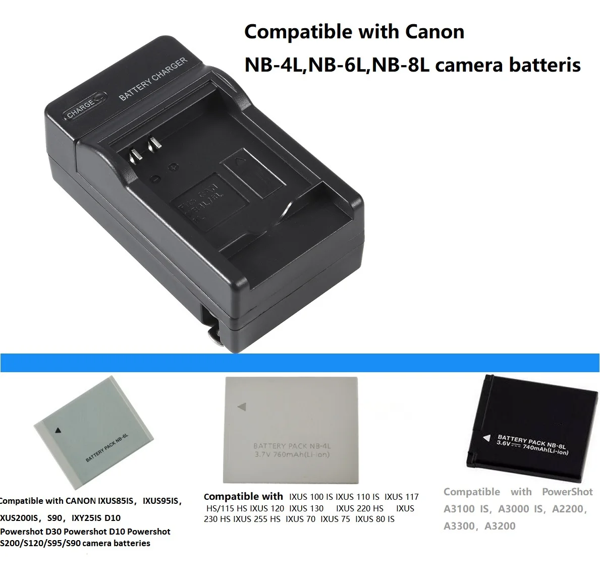 Cargador de batería de cámara para Canon NB-6L 4L 8L batería Compatible con Canon SD770 IS, SD980 IS, SD1200 IS, SD1300 IS, SD3500 IS