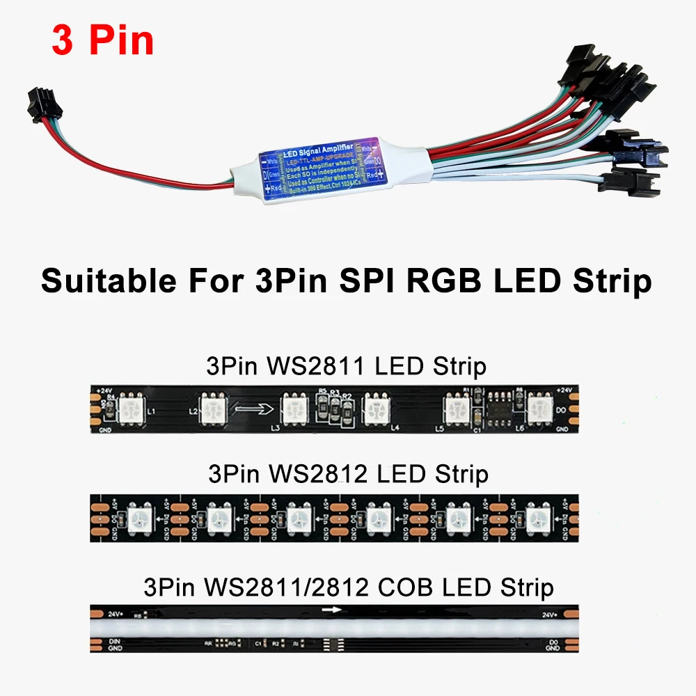 3Pin Dual-Function New LED Signal Amplifier Controller For WS2812 WS2811 WS2813 WS2815 Addressable LED Strip Light 1 To 2/4/8