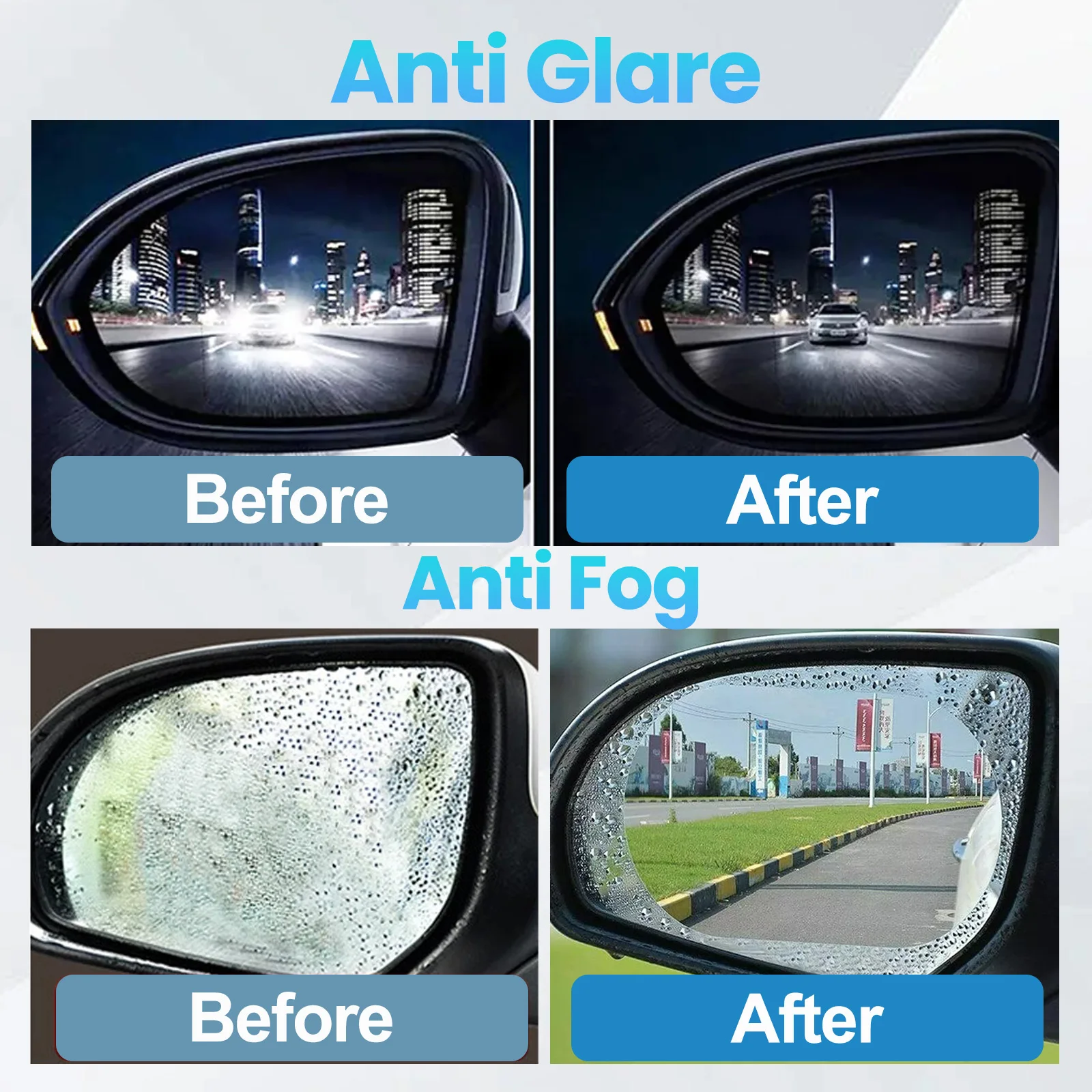 2pcs Anti Fog Glare Rain Nano Coating Cover Rearview Mirror Stick Film Driver Sight Protector & Mirror Cleaning Kit 85 x 145mm