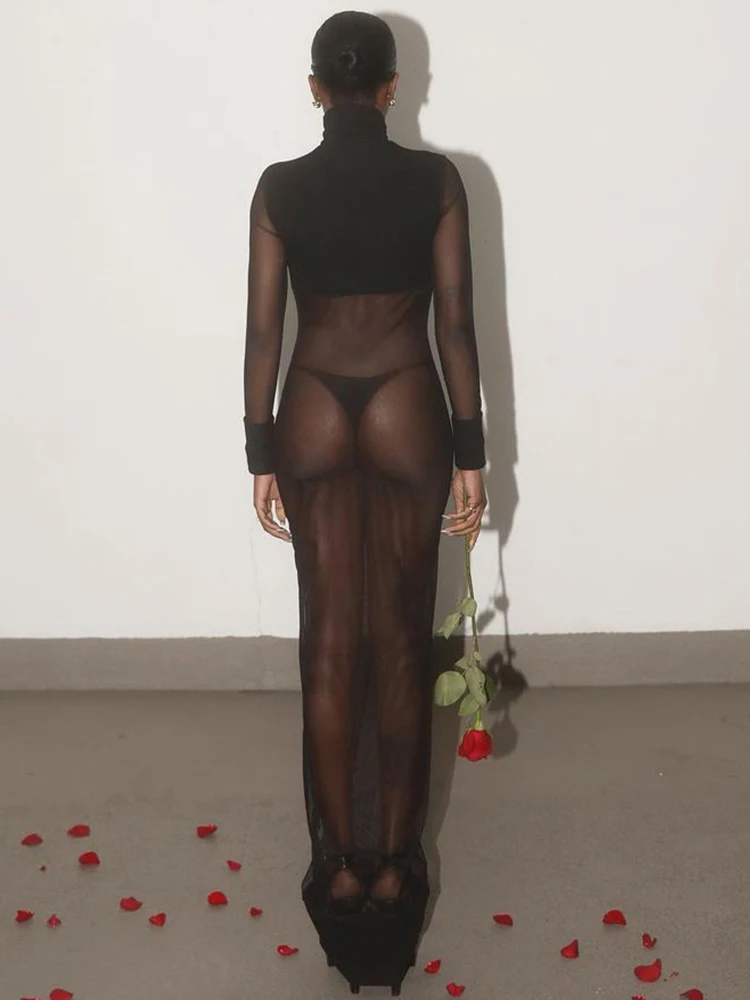 SIsterlinda-vestido de retazos de malla + bragas para mujer, Coqueta de cuello alto, manga larga, ropa para discoteca de medianoche, Vestidos sexis a juego para fiesta