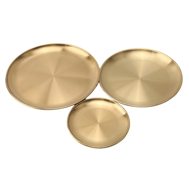 Golden Stainless Steel Storage Tray Luxurious Brass Gold Round Plate Fruit Cake Steak Snack Kitchen Metal Storage tableware Dish