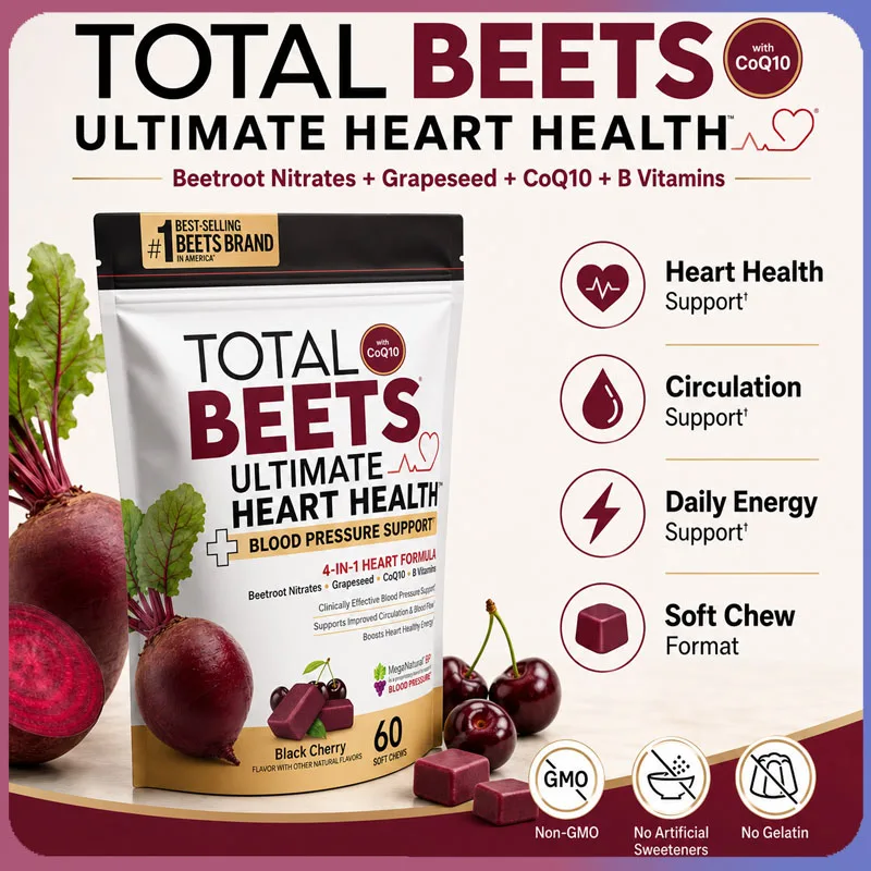 

Beetroot CoQ10 Gummies 60 Soft Chews with Grape Seed Extract & B Vitamins Daily Black Cherry Wellness Support Supplement