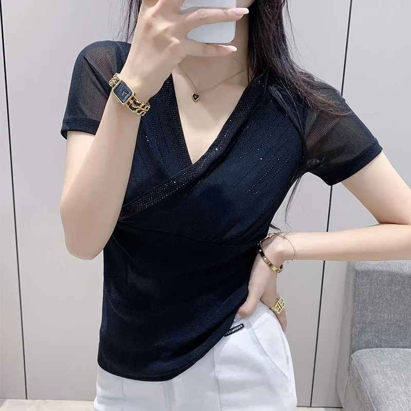 #5403 Summer Wrap T Shirt Women V-neck Diamonds Sexy Tight Stretch Mesh Short Sleeve T Shirt Female Streetwear Tee Solid Color