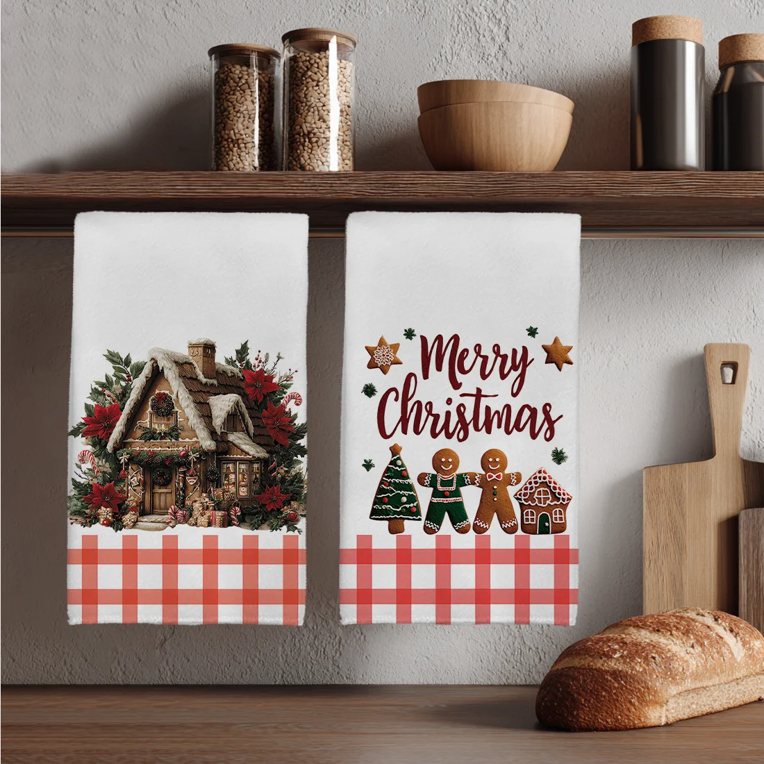 2PCS Christmas Gingerbread Man Biscuit House Kitchen Towels Dish Towel Dish Cloths Holiday For Kitchen Christmas Decor 40x60cm