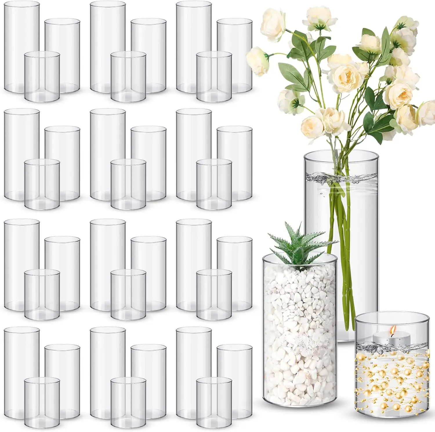 

36 Pcs Clear Plastic Cylinder Vases for Flowers and Candles, 4''/6''/8'' Sizes, Dishwasher Safe