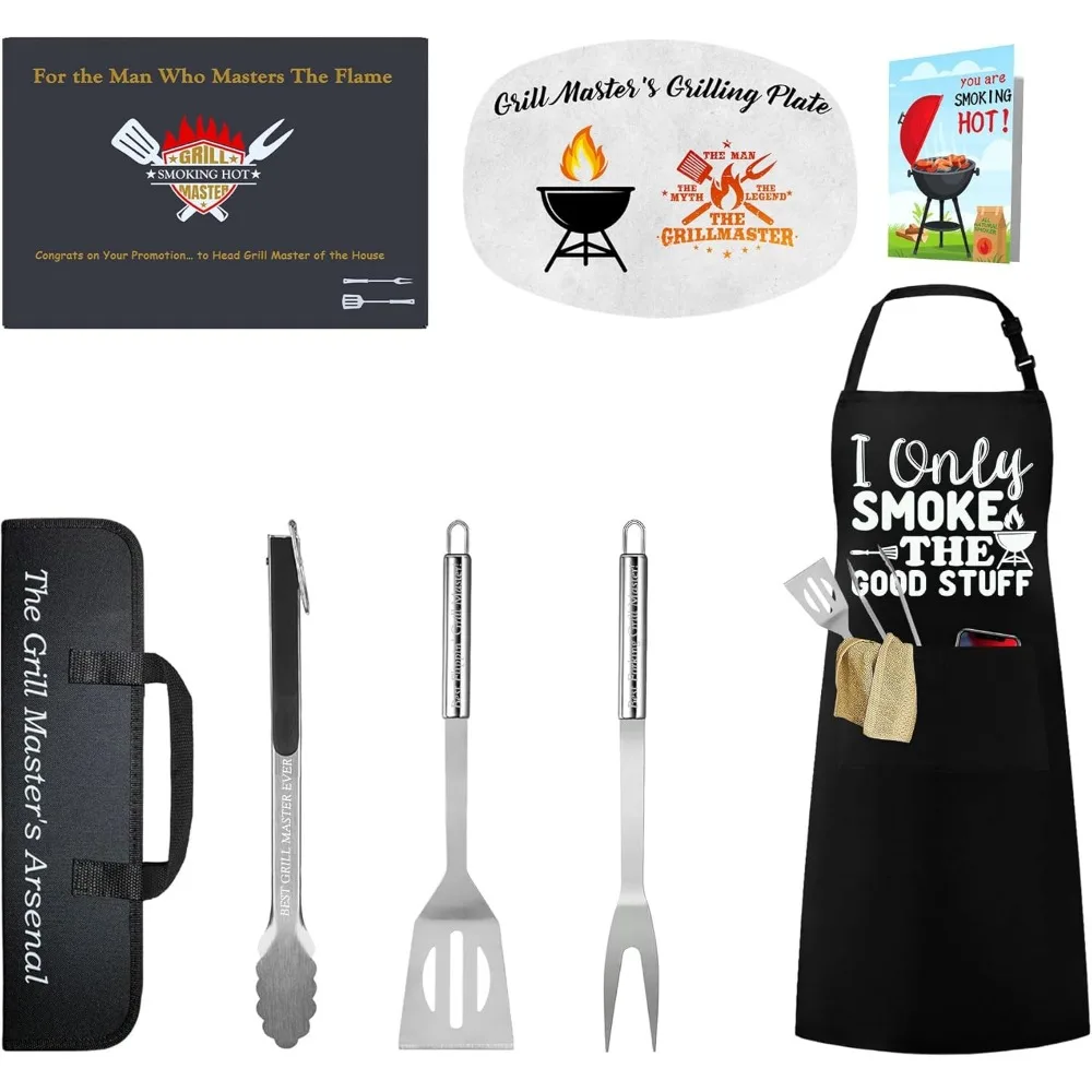 

Аксессуары для курильщика-барбекю, подарки для мужчин, набор инструментов для гриля с лотком, щипцами, лопаточкой и фартуком — подарок для барбекю на открытом воздухе для мужчины, папы