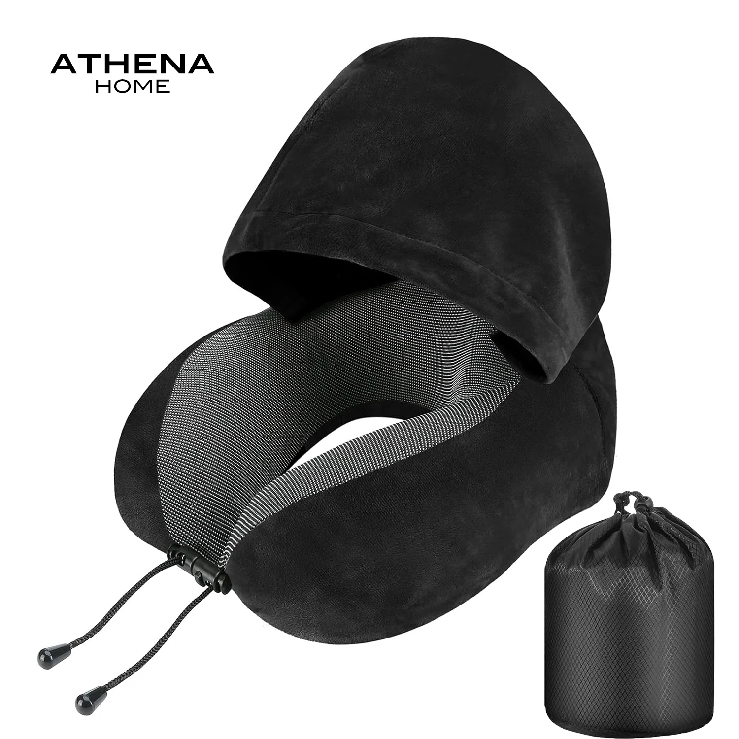 ATHENA HOME Travel Pillow Velvet Memory Foam Neck Pillow with Hood for Travel Long Flights Airplane Office Cars Sleeping Rest