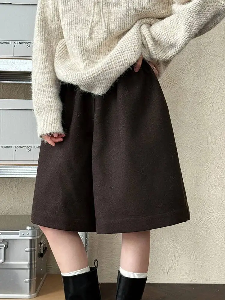 

Women Elastic Waist Gray Casual Woolen Wide Leg Shorts New High Waist Trousers Fashion Tide Autumn Winter