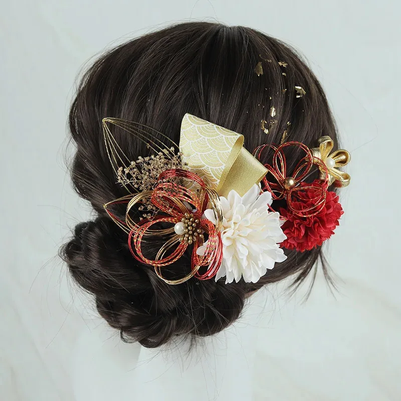 

Japanese Kimono Handmade Fabric Flower Hair Accessories Clip Tassel Hairpin Headdress Barrette Party Summer Yukata Festvial Deco