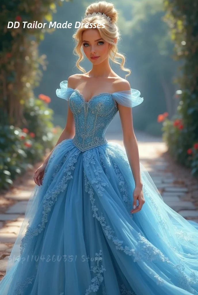 فساتين الأميرة مستوحاة من سندريلا Quinceanera بدون أكتاف أزرق سماوي تول الأميرة 16 فستان حفلة موسيقية مناسبة مخصصة