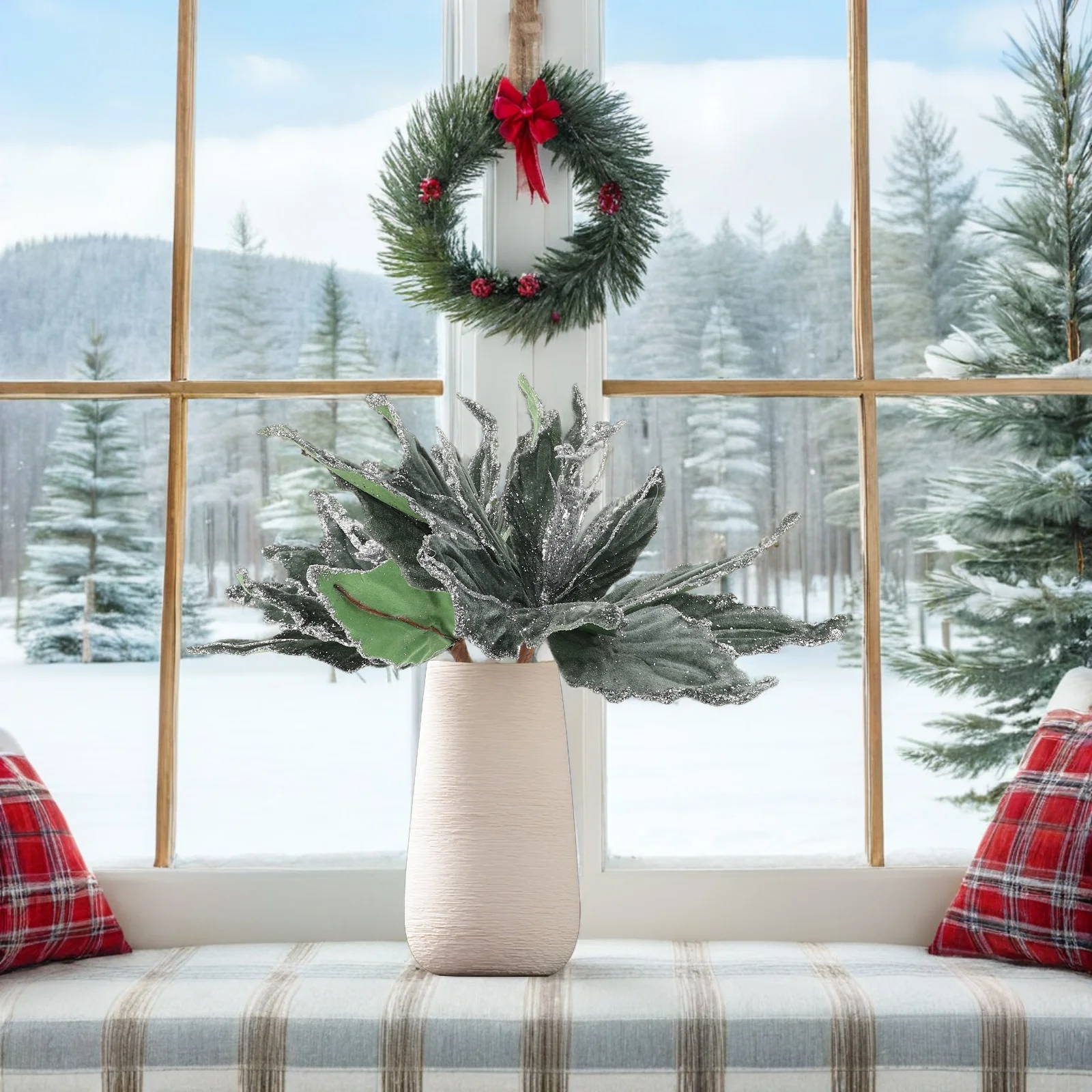 

2Pcs Glitter Poinsettia Artificial Christmas Flowers Lint Fabric Sparkle Tree Ornaments Holiday Decorations Artificial Flowers