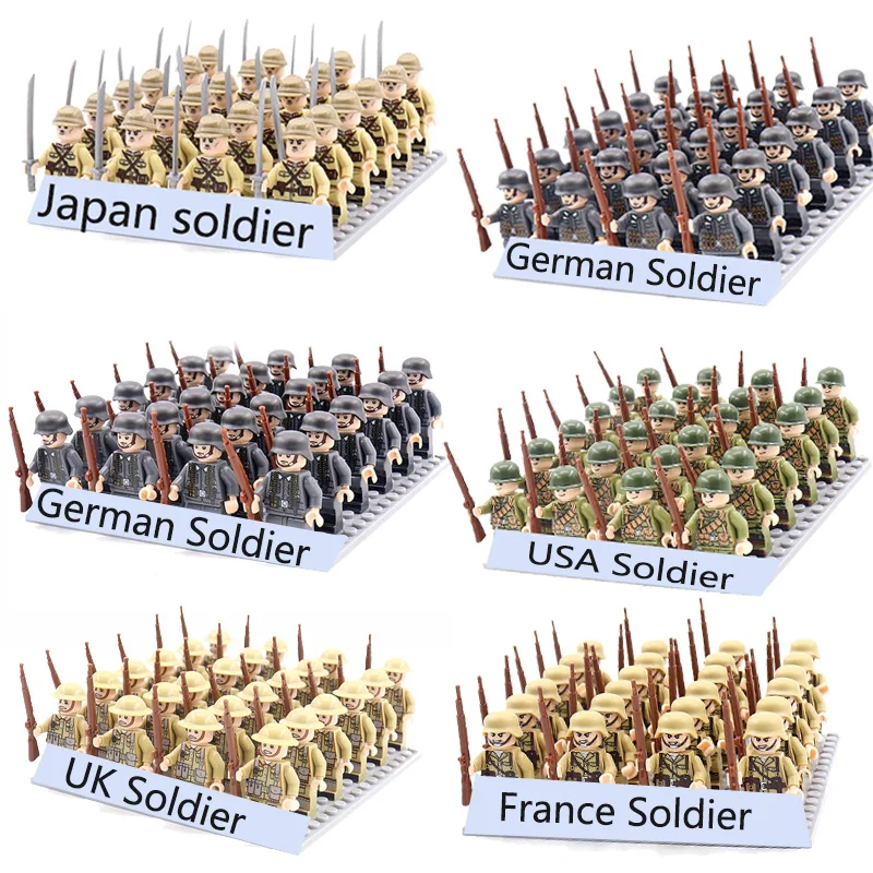 Hot WW2 Military Army Soldier Soviet US UK German France Building Blocks Set Model Bricks Action Figures Weapon Toys Kids Gift